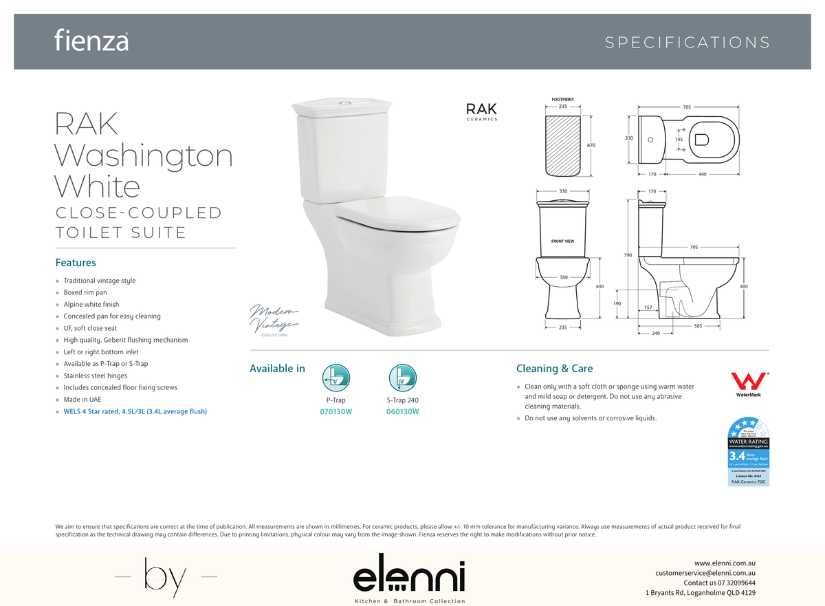 RAK Washington White Close-Coupled Toilet Suite, Alpine White with P-Trap - Elenni specification drawing