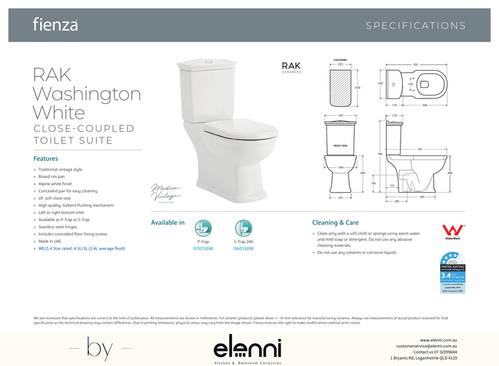 RAK Washington White Close-Coupled Toilet Suite, Alpine White with P-Trap - Elenni specification drawing