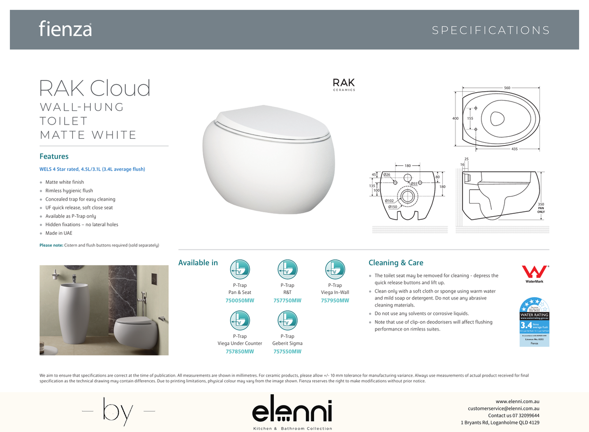RAK Cloud Wall-Hung Toilet Suite, Matte White - Elenni specification drawing