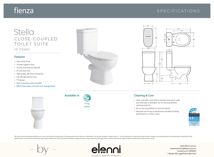 Stella Tornado Flush Close-Coupled Toilet Suite, Gloss White with P-Trap - Elenni specification drawing