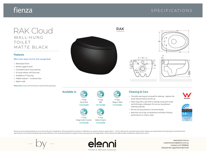 RAK Cloud Wall-Hung Toilet Suite, Matte Black - Elenni specification drawing