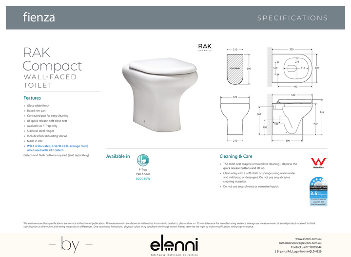 RAK Compact Wall-Faced Toilet Suite, Gloss White - Elenni specification drawing