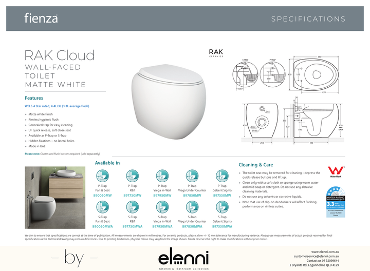 RAK Cloud Wall-Faced Toilet Suite, Matte White - Elenni specification drawing