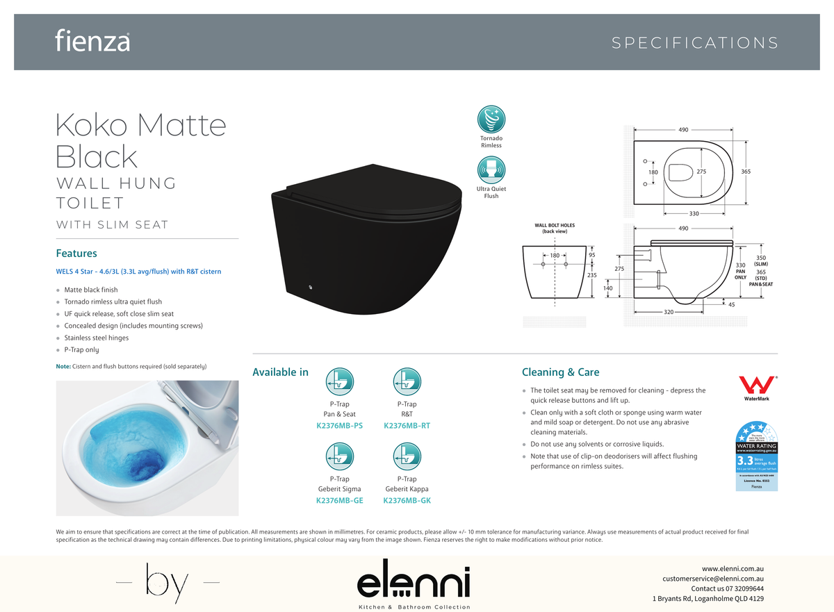Koko Tornado Flush Wall Hung Toilet Suite, Matte Black - Elenni specification drawing