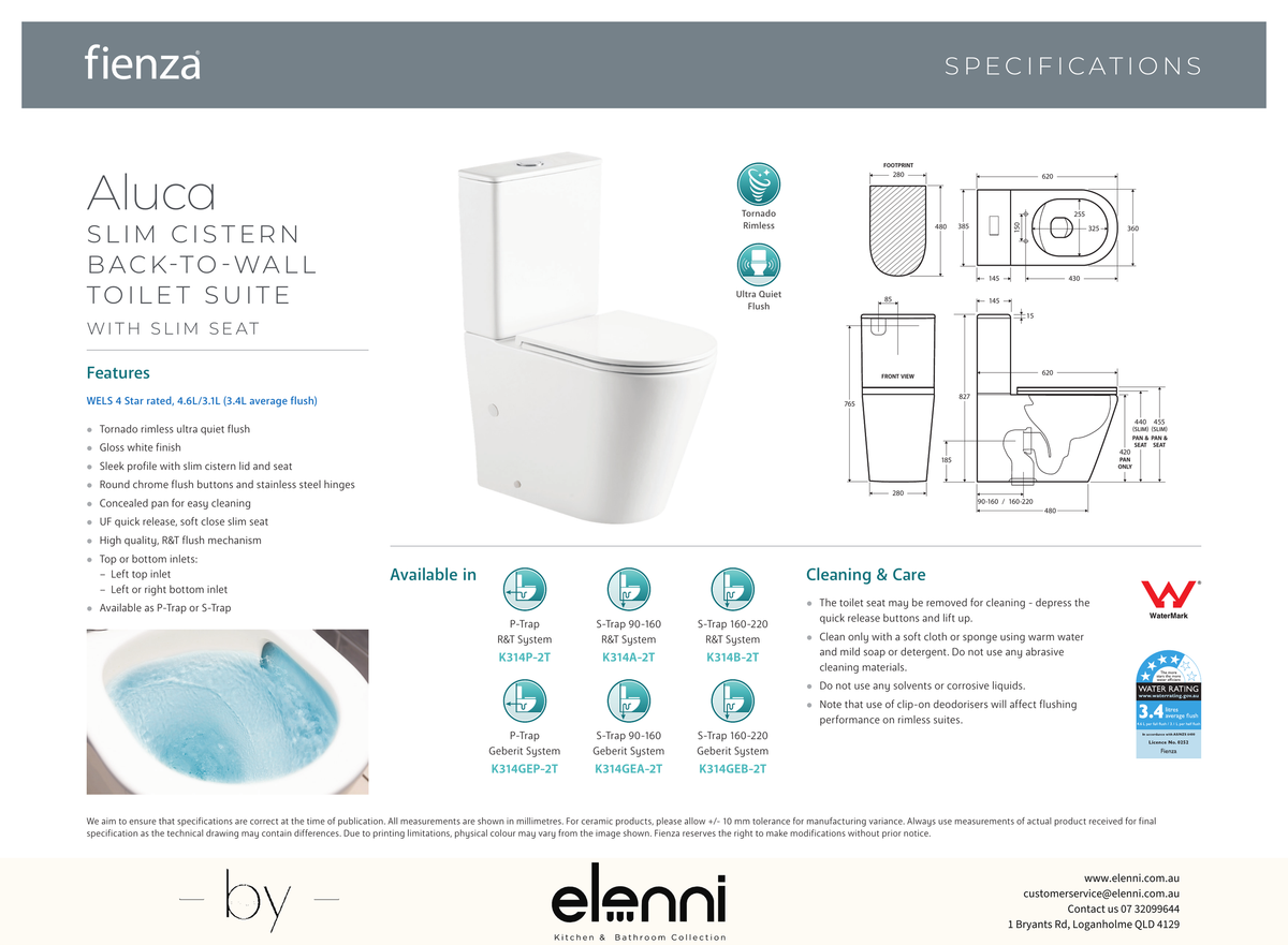 Aluca Tornado Flush Slim Cistern Back-to-Wall Toilet Suite, Gloss White with Slim Seat - Elenni specification drawing