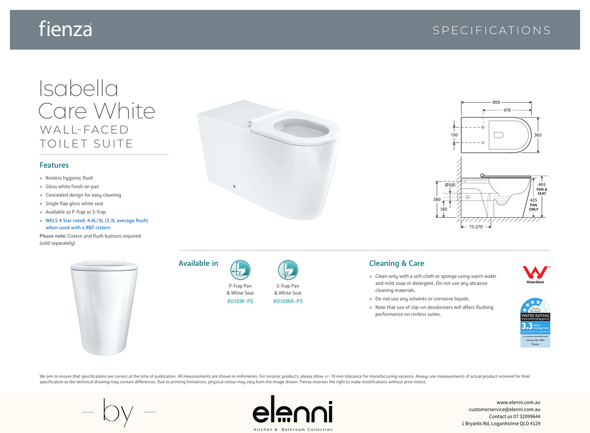 Isabella Care Wall-Faced Toilet Suite, Gloss White with White Seat - Elenni specification drawing