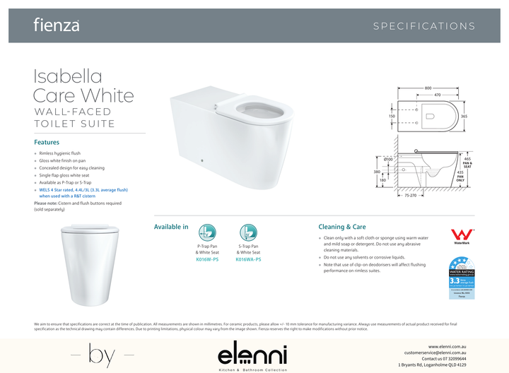 Isabella Care Wall-Faced Toilet Suite, Gloss White with White Seat - Elenni specification drawing