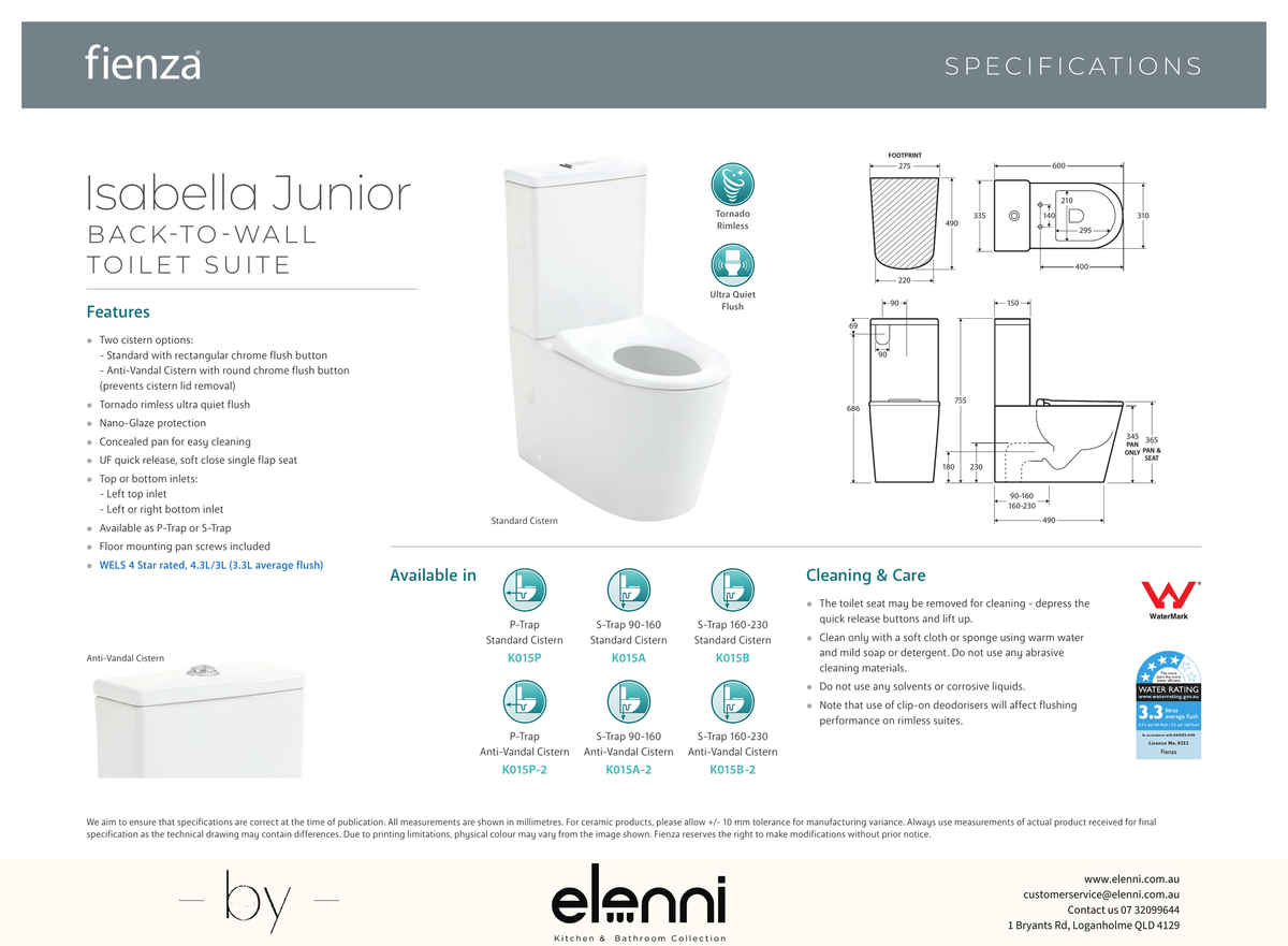 Isabella Junior Tornado Flush Back-to-Wall Toilet Suite with Anti-Vandal Kit - Elenni specification drawing