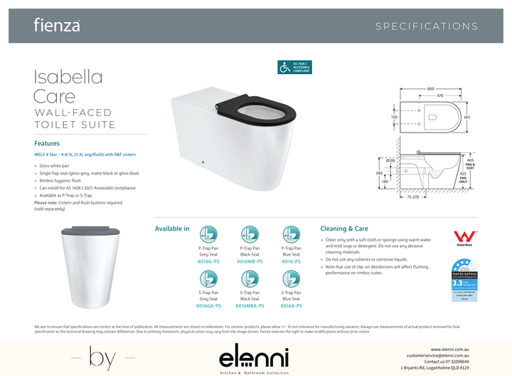 Isabella Care Wall-Faced Toilet Suite, Gloss White with Black Seat - Elenni specification drawing