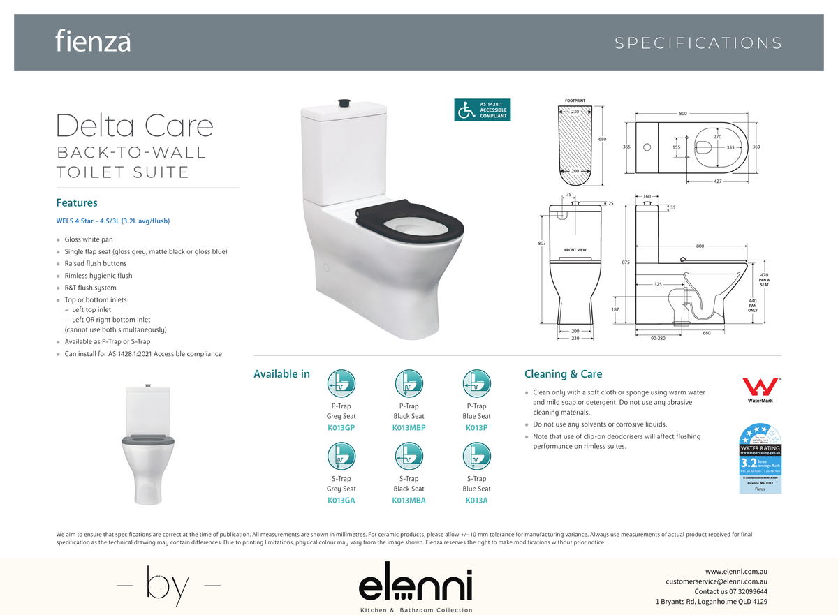 Delta Care Back-to-Wall Toilet Suite, Gloss White with Grey Seat - Elenni specification drawing