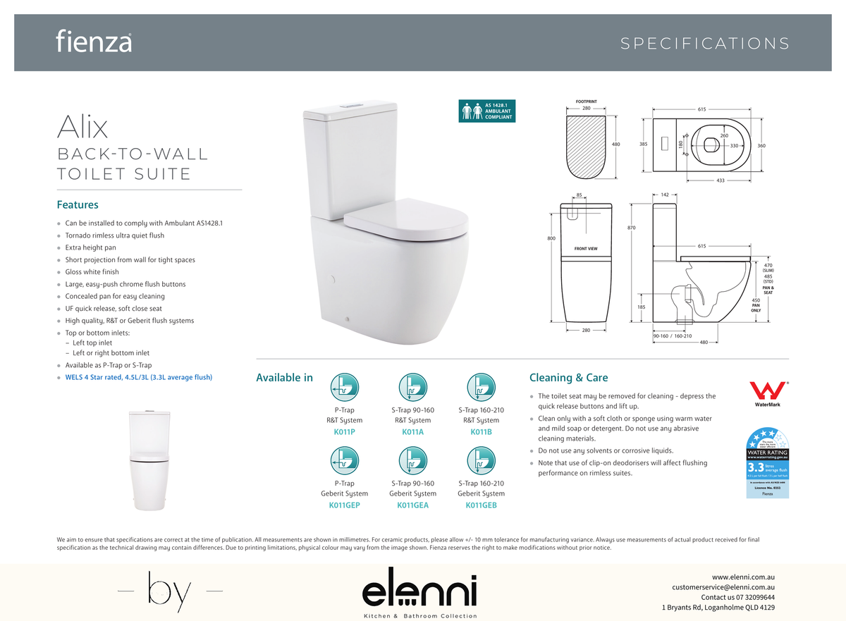 Alix Back-to-Wall Toilet Suite, Gloss White - Elenni specification drawing