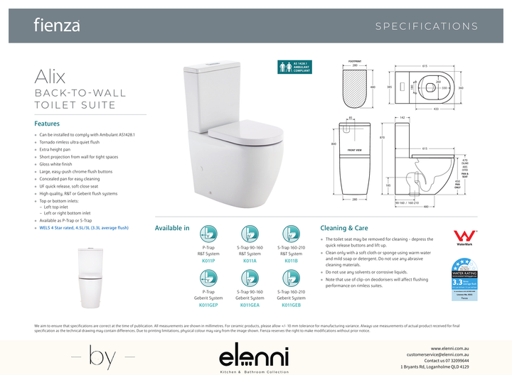 Alix Back-to-Wall Toilet Suite, Gloss White - Elenni specification drawing