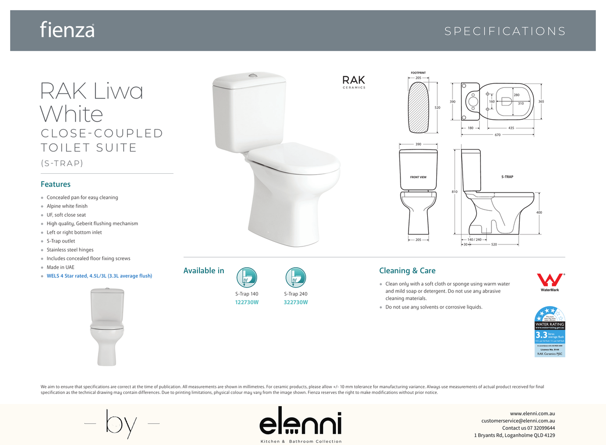 RAK Liwa White Close-Coupled Toilet Suite, Alpine White with S-Trap 240 - Elenni specification drawing