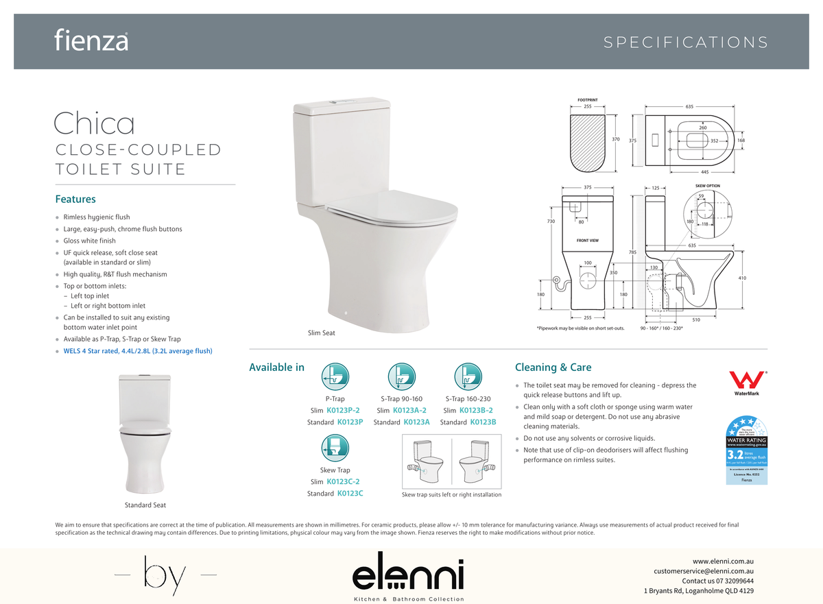 Chica Close-Coupled Toilet Suite, Gloss White - Elenni specification drawing