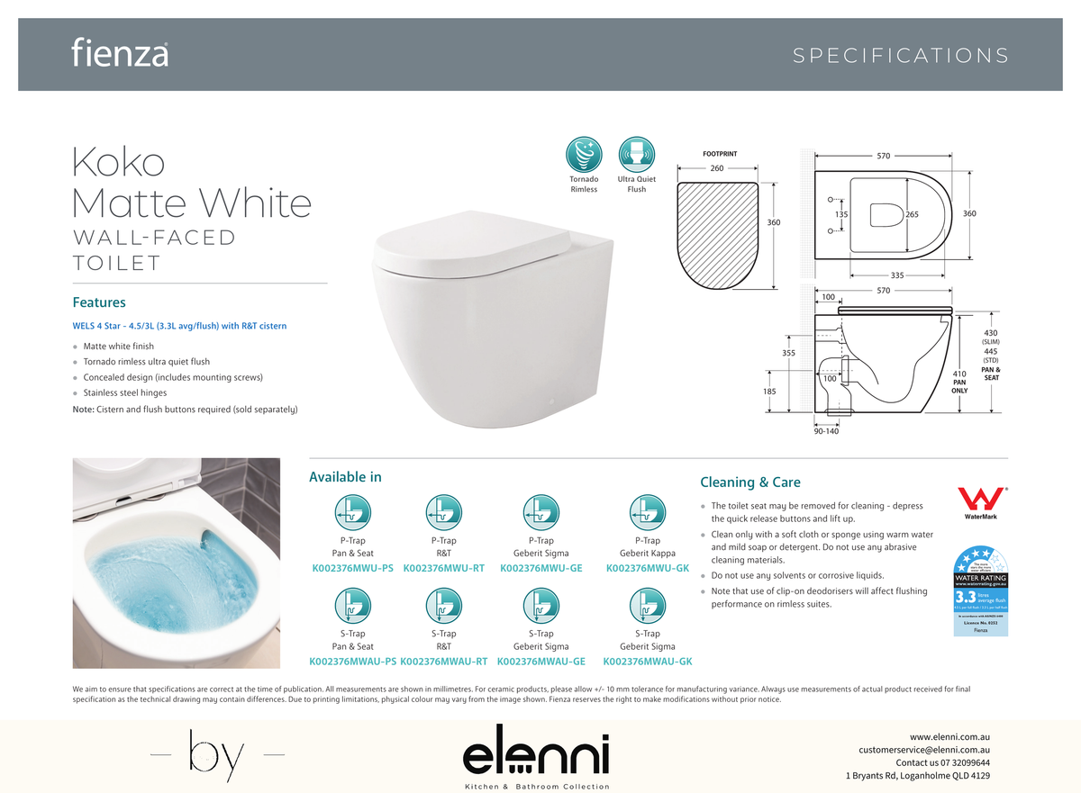 Koko Tornado Flush Wall-Faced Toilet Suite, Matte White - Elenni specification drawing