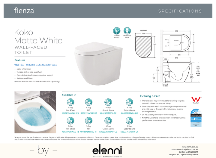 Koko Tornado Flush Wall-Faced Toilet Suite, Matte White - Elenni specification drawing