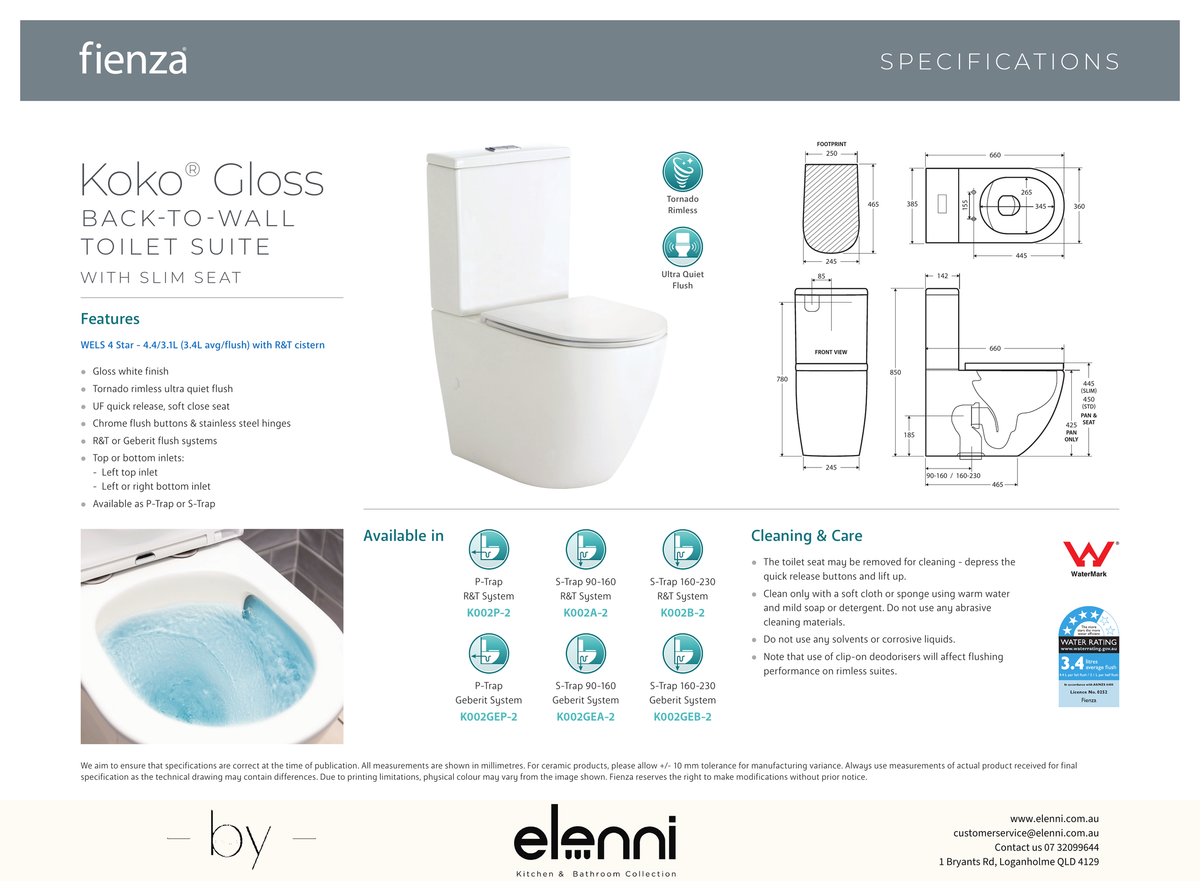 Koko Tornado Flush Back-to-Wall Toilet Suite, Gloss White with Slim Seat - Elenni specification drawing