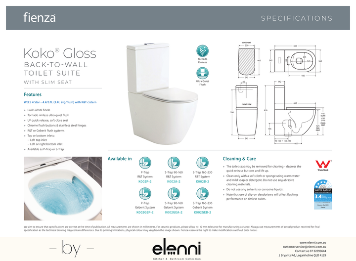 Koko Tornado Flush Back-to-Wall Toilet Suite, Gloss White with Slim Seat - Elenni specification drawing