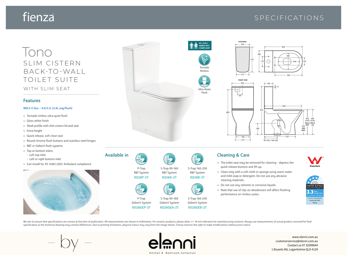 Tono Tornado Flush Slim Cistern Back-to-Wall Toilet Suite, Gloss White with Slim Seat - Elenni specification drawing
