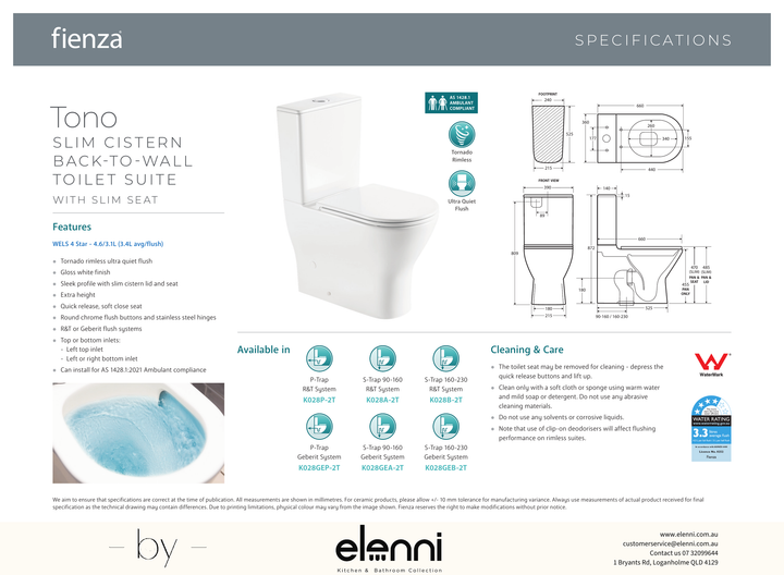 Tono Tornado Flush Slim Cistern Back-to-Wall Toilet Suite, Gloss White with Slim Seat - Elenni specification drawing