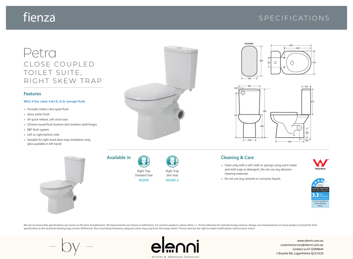 Petra Close-Coupled Toilet Suite, Right Skew Trap, Gloss White - Elenni specification drawing