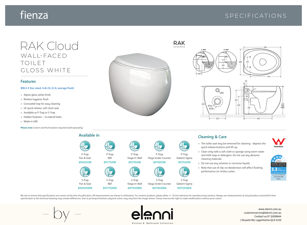 RAK Cloud Wall-Faced Toilet Suite, Alpine Gloss White - Elenni specification drawing