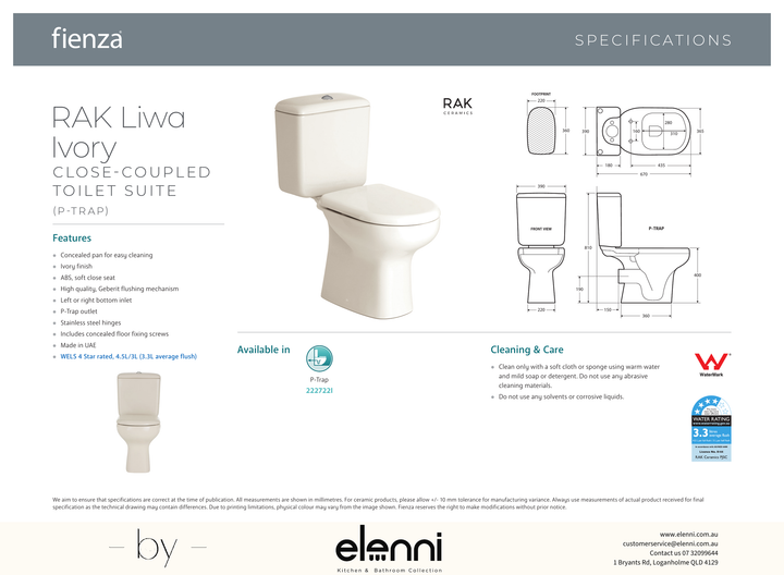 RAK Liwa Ivory Close-Coupled Toilet Suite, Ivory with P-Trap - Elenni specification drawing