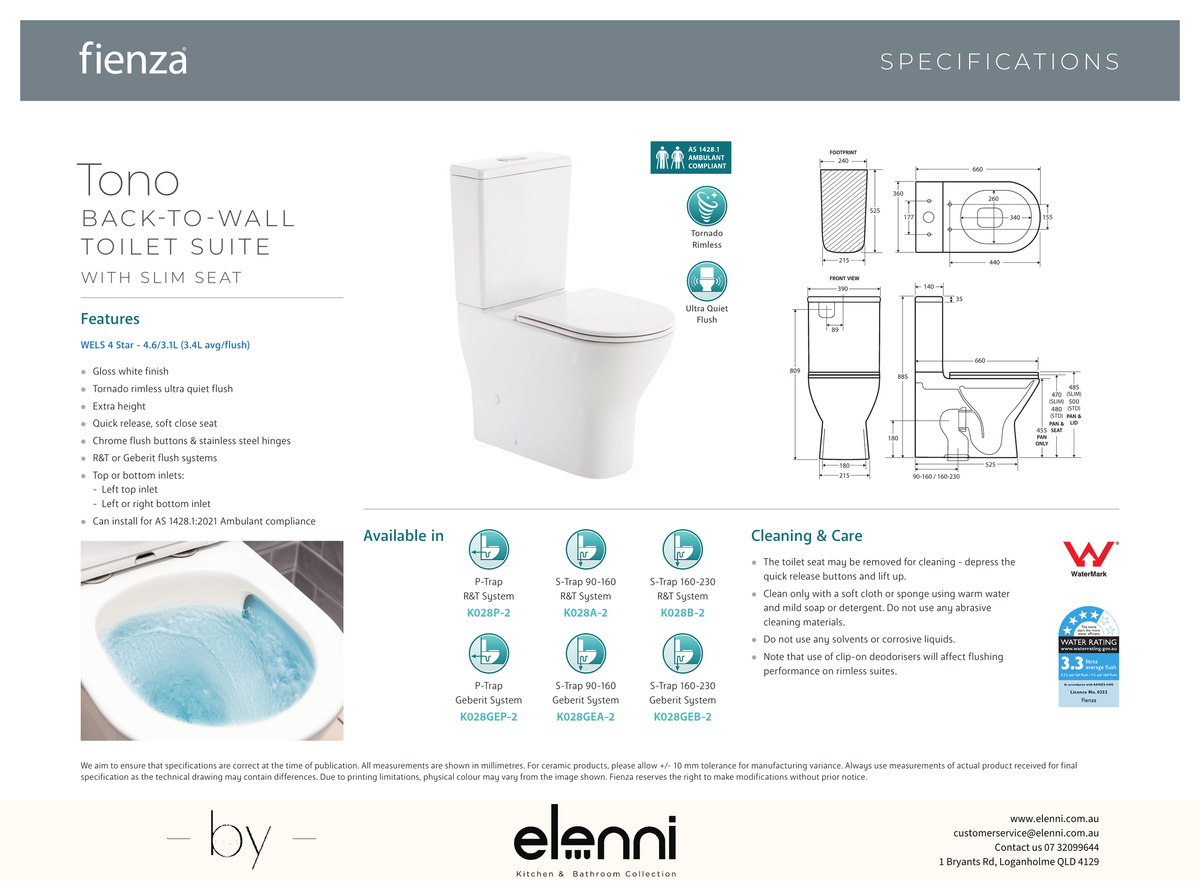 Tono Tornado Flush Back-to-Wall Toilet Suite, Gloss White with Slim Seat - Elenni specification drawing