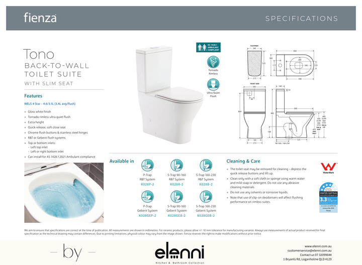 Tono Tornado Flush Back-to-Wall Toilet Suite, Gloss White with Slim Seat - Elenni specification drawing