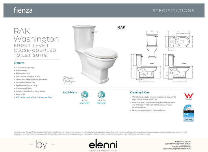 RAK Washington Front Lever Close-Coupled Toilet Suite, Alpine White with S-Trap - Elenni specification drawing