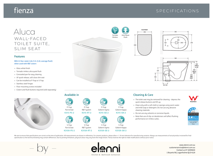 Aluca Tornado Flush Wall-Faced Toilet Suite, Gloss White with Slim Seat - Elenni specification drawing