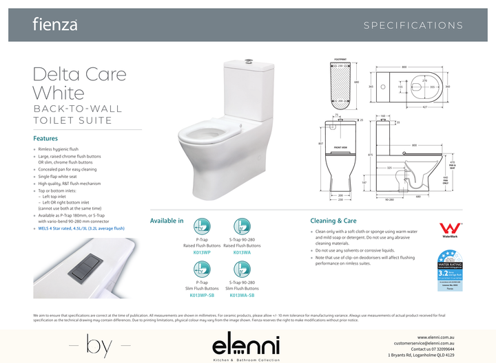 Delta Care Back-to-Wall Toilet Suite, White Seat, Slim Buttons - Elenni specification drawing