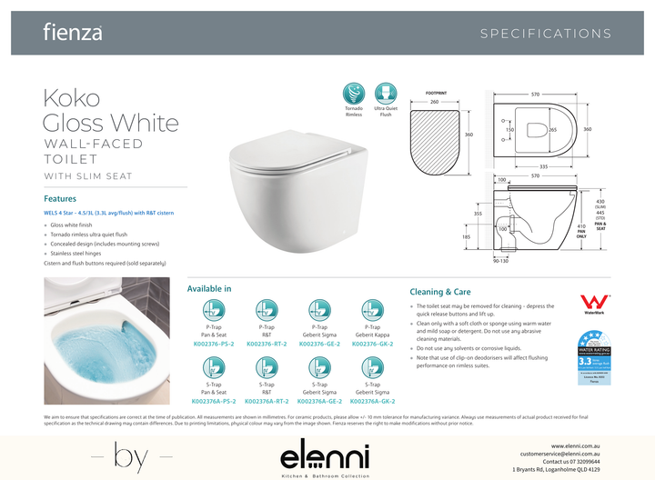 Koko Tornado Flush Wall-Faced Toilet Suite, Gloss White with Slim Seat - Elenni specification drawing