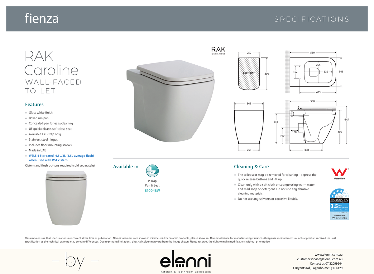 RAK Caroline Wall-Faced Toilet Suite, Gloss White - Elenni specification drawing