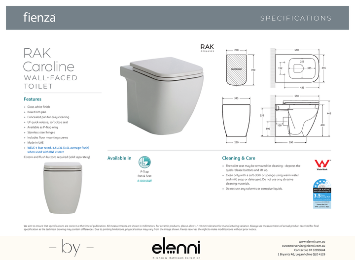 RAK Caroline Wall-Faced Toilet Suite, Gloss White - Elenni specification drawing