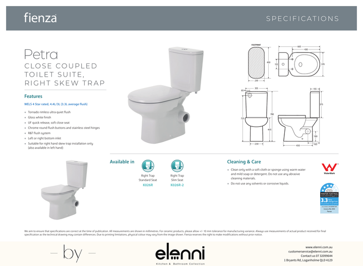 Petra Close-Coupled Toilet Suite, Right Skew Trap, Gloss White with Slim Seat - Elenni specification drawing