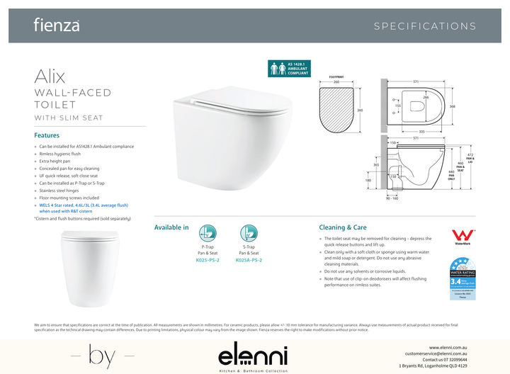 Alix Ambulant Wall-Faced Toilet Suite, Gloss White with Slim Seat - Elenni specification drawing