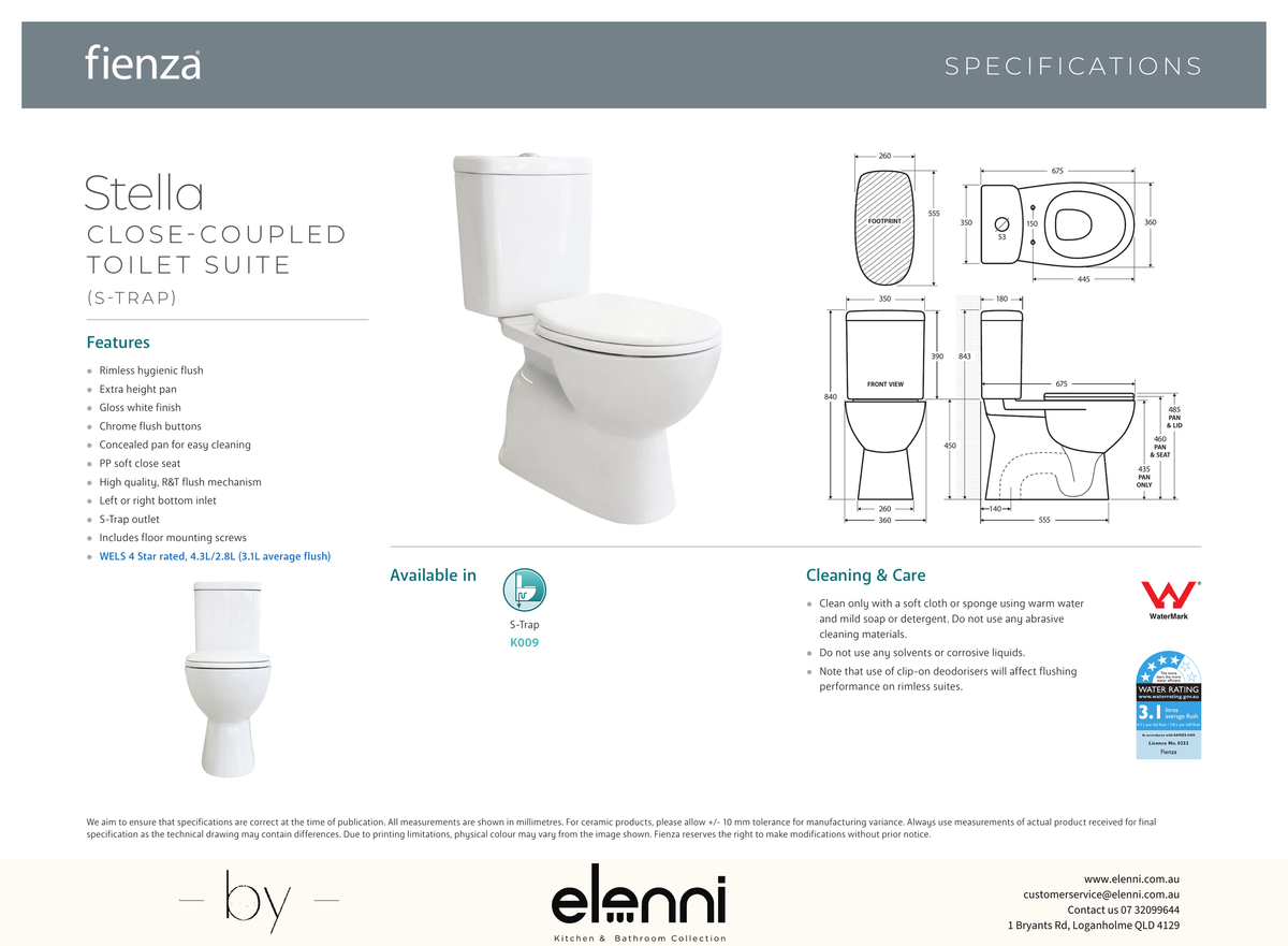 Stella Close-Coupled Toilet Suite, Gloss White with S-Trap - Elenni specification drawing