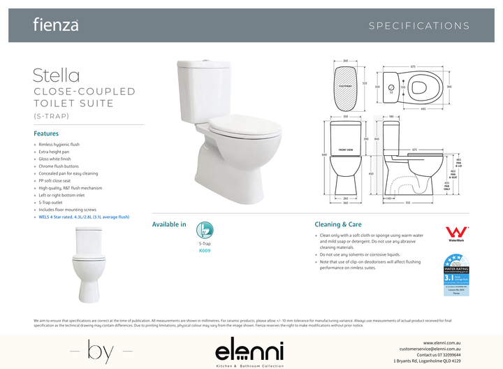 Stella Close-Coupled Toilet Suite, Gloss White with S-Trap - Elenni specification drawing