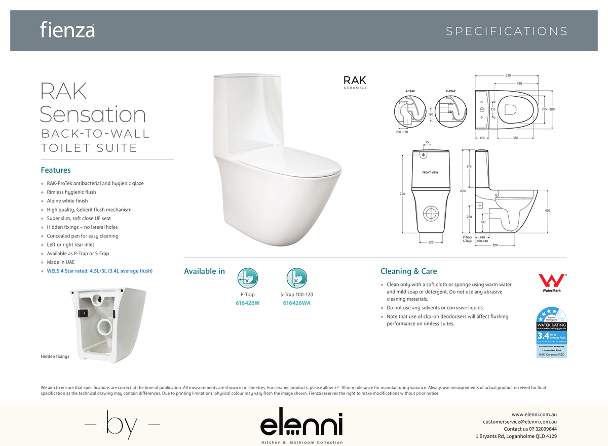 RAK Sensation Back-to-Wall Toilet Suite, Alpine White - Elenni specification drawing
