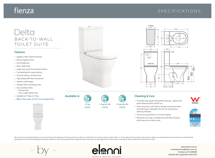 Delta Back-to-Wall Toilet Suite, Gloss White - Elenni specification drawing