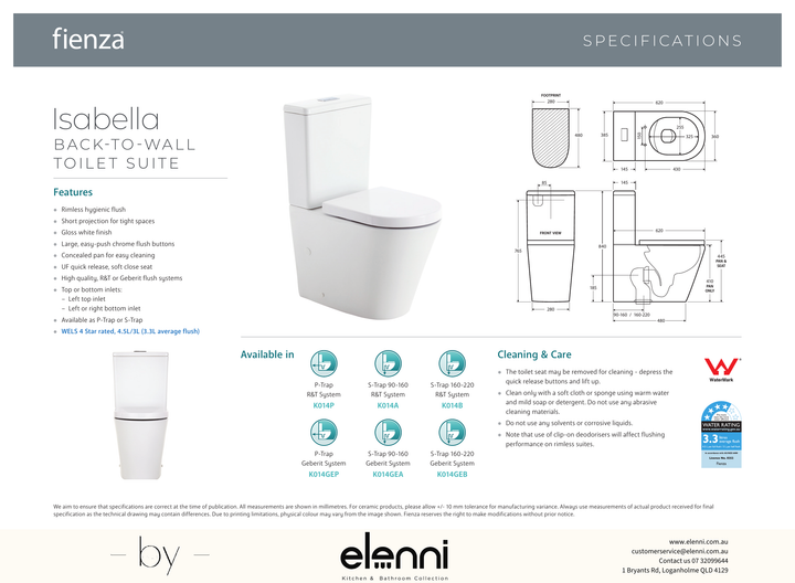 Isabella Back-to-Wall Toilet Suite, Gloss White - Elenni specification drawing