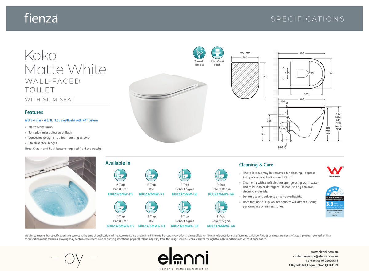 Koko Tornado Flush Wall-Faced Toilet Suite, Matte White with Slim Seat - Elenni specification drawing