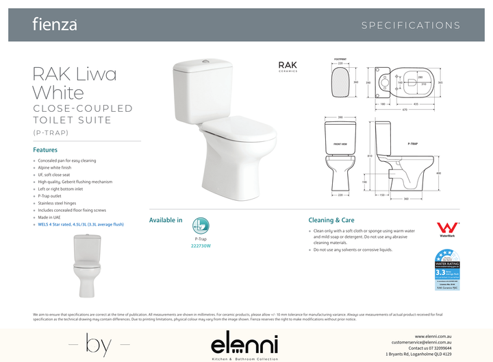 RAK Liwa White Close-Coupled Toilet Suite, Alpine White with P-Trap - Elenni specification drawing
