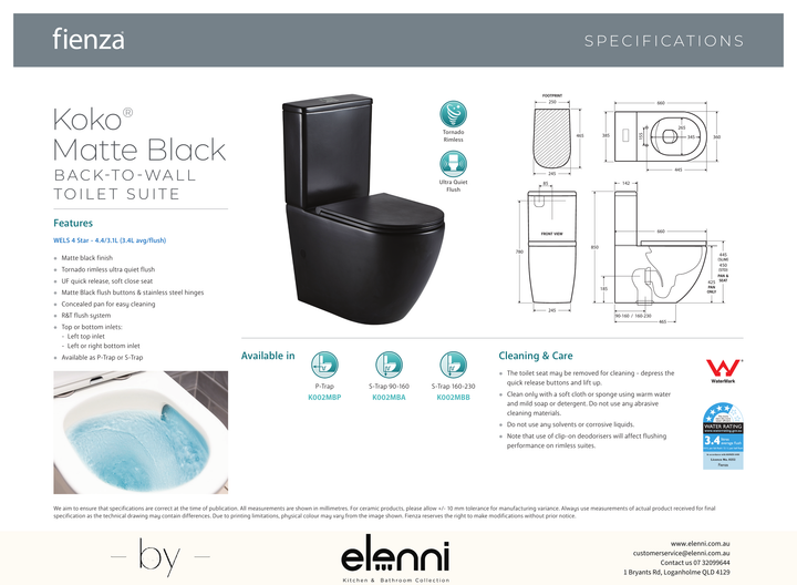 Koko Tornado Back-to-Wall Toilet Suite, Matte Black - Elenni specification drawing