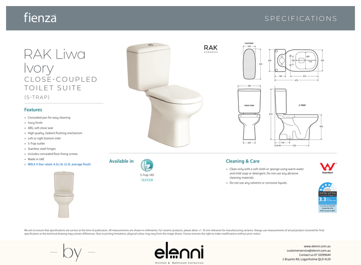 RAK Liwa Ivory Close-Coupled Toilet Suite, Ivory with S-Trap 140 - Elenni specification drawing