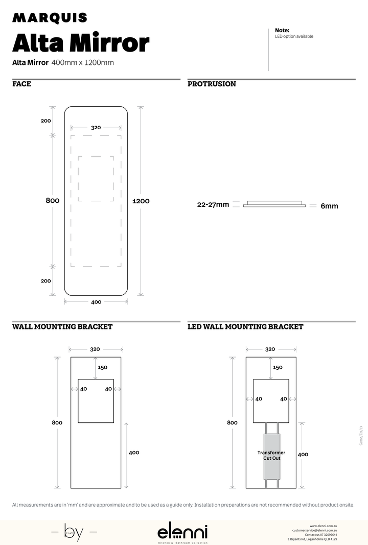Marquis Alta Mirror - Elenni specification drawing