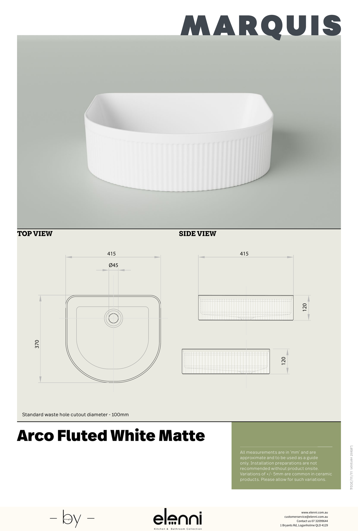 Marquis Arco Fluted Basin - Elenni specification drawing
