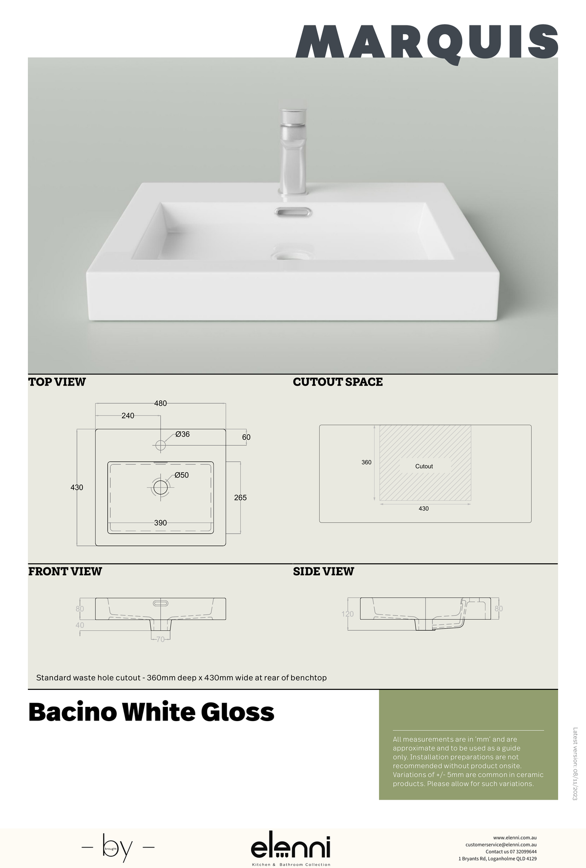 Marquis Bacino Basin - Elenni specification drawing