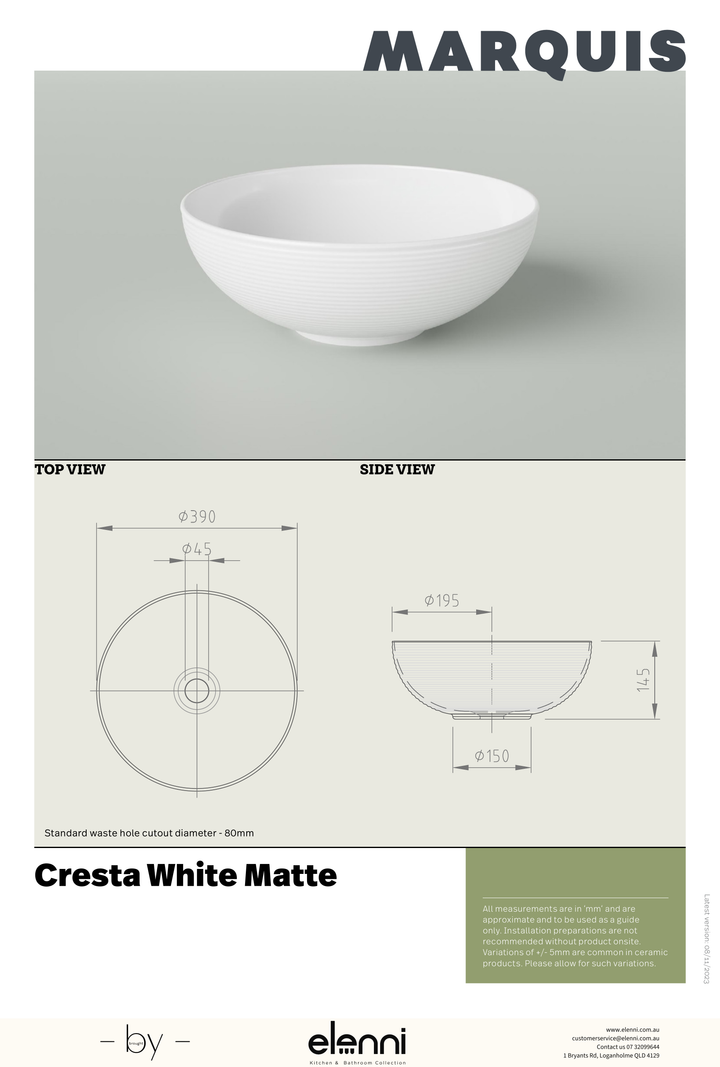 Marquis Cresta Basin - Elenni specification drawing